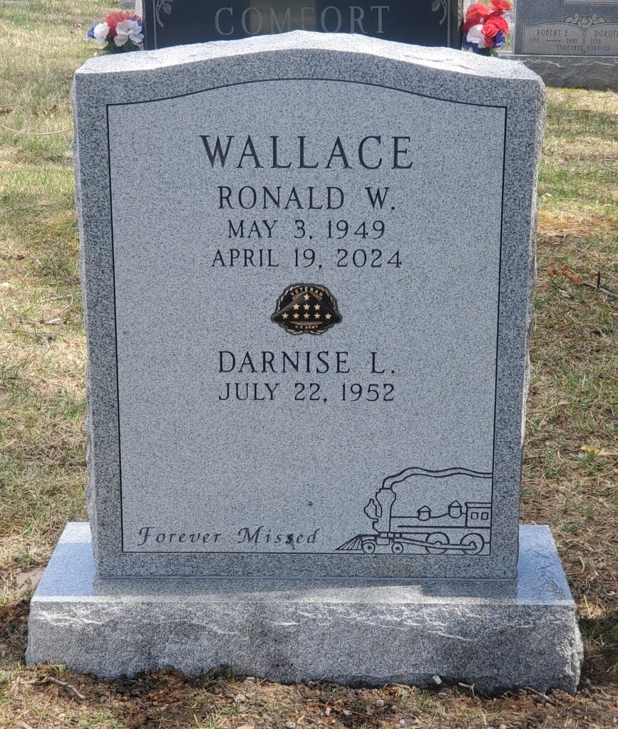Granite double headstone featuring simple border and shared surname with VA medallion