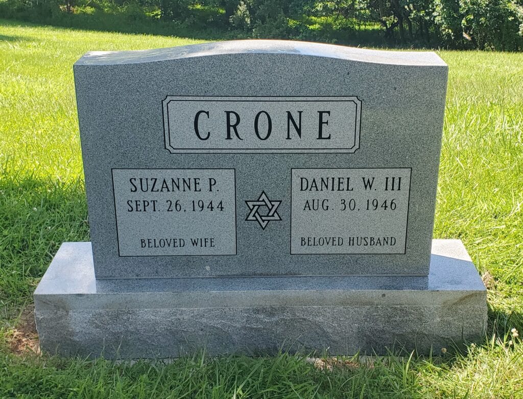 Jewish granite double headstone featuring simple panel and shared surname