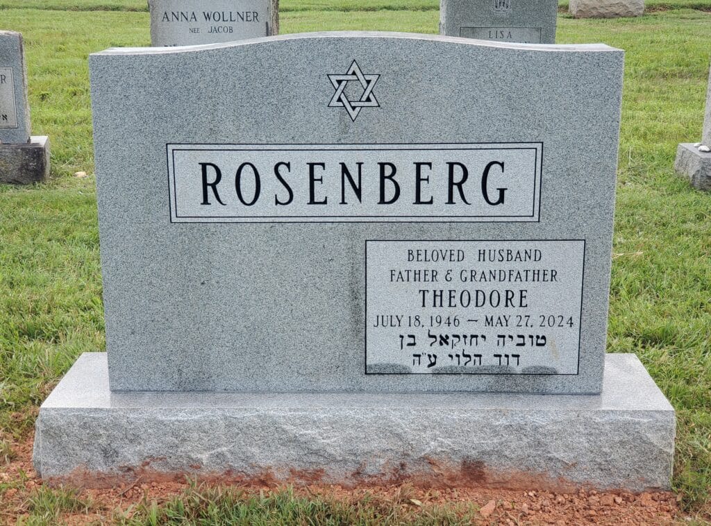 Classic Jewish granite double headstone featuring simple border and shared surname