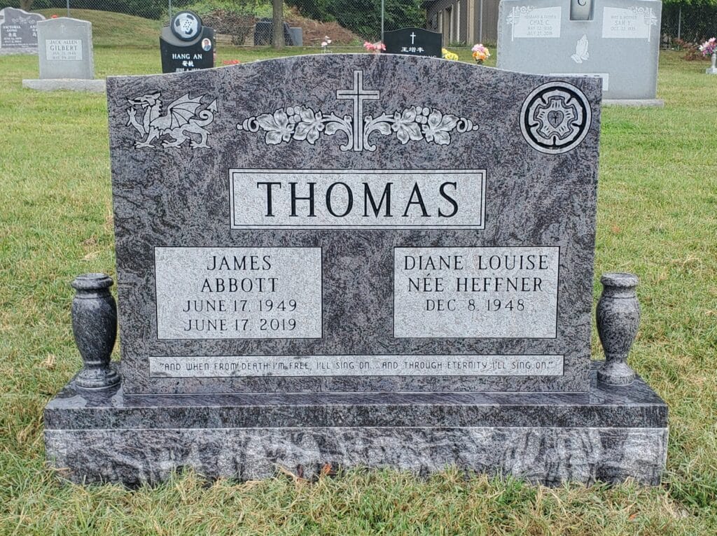 Two-name memorial with custom emblems